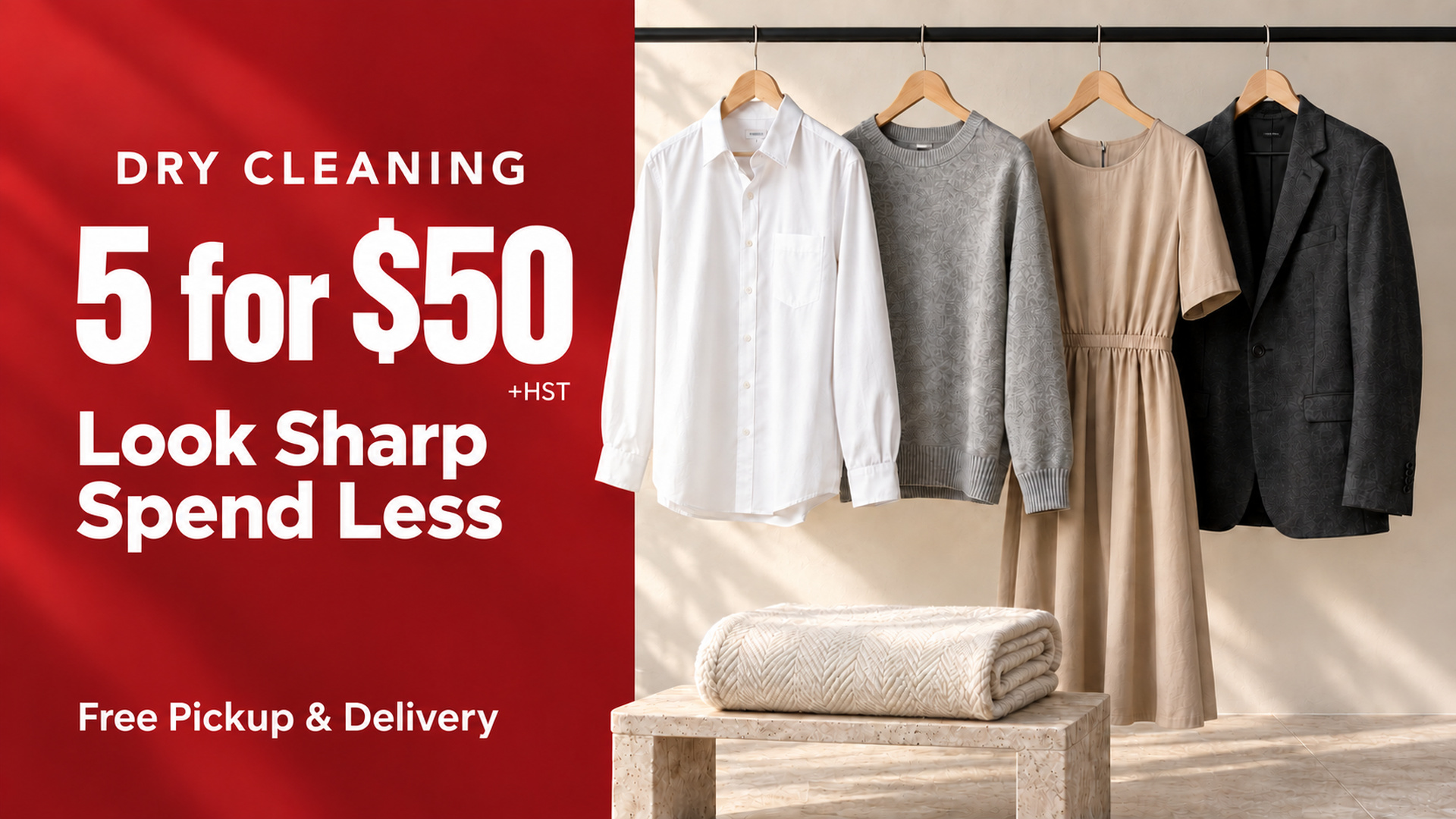Dry cleaning 5 for $50 plus HST — look sharp, spend less. Free pickup and delivery.